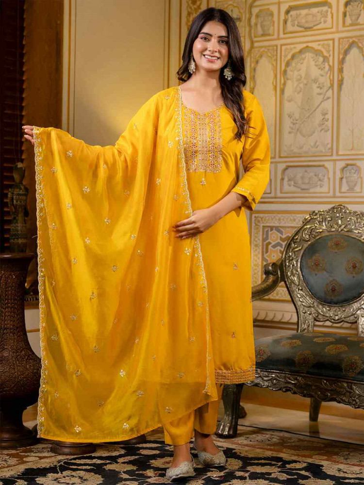 Image of Mustard Silk Blend Embroidery Party Wedding Festival Casual Ready Pant Salwar Kameez