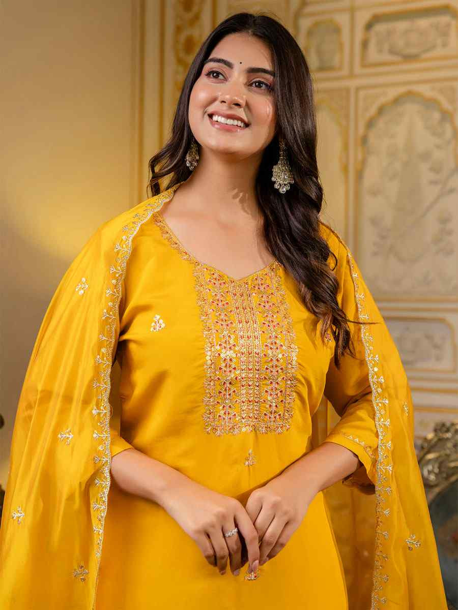 Mustard Silk Blend Embroidery Party Wedding Festival Casual Ready Pant Salwar Kameez