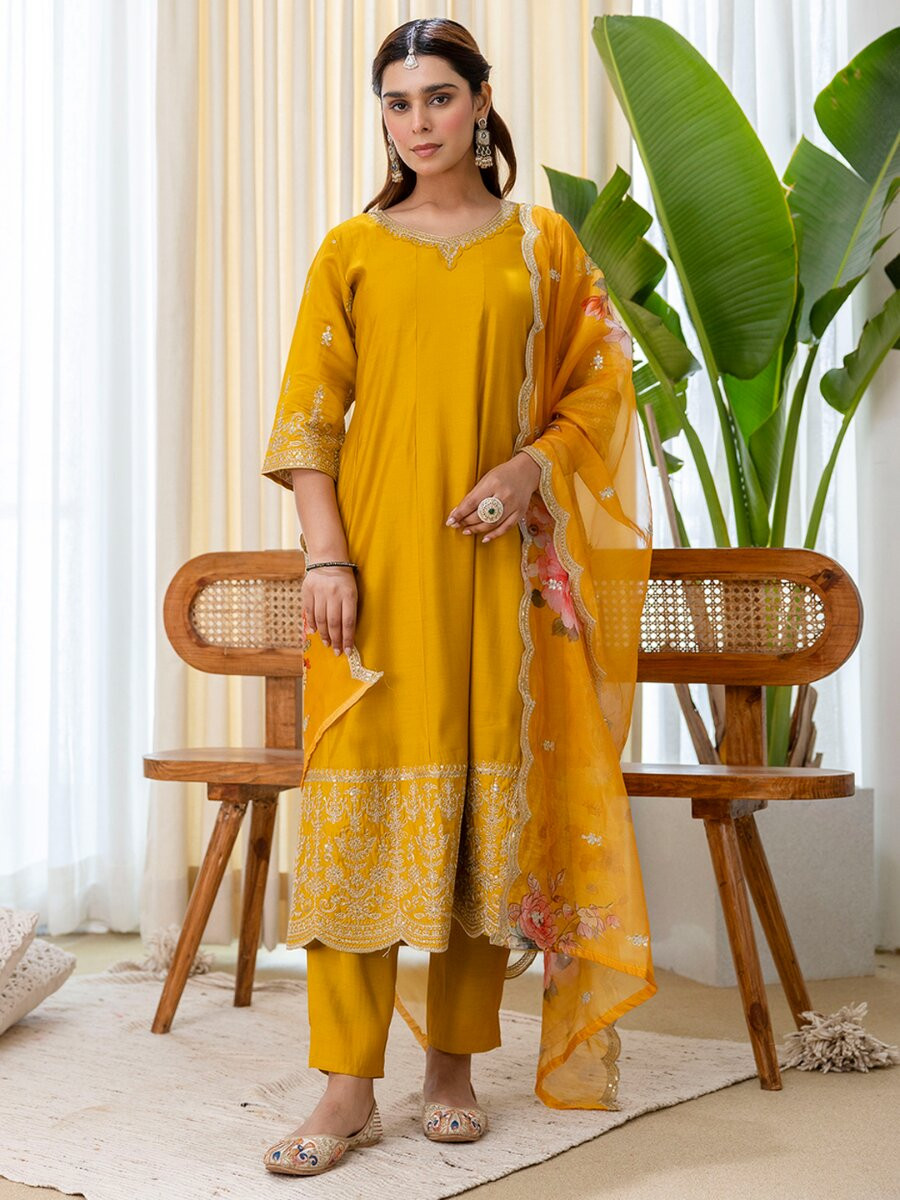 Mustard Silk Blend Embroidery Sequins Wedding Festival Casual Party Ready Pant Salwar Kameez
