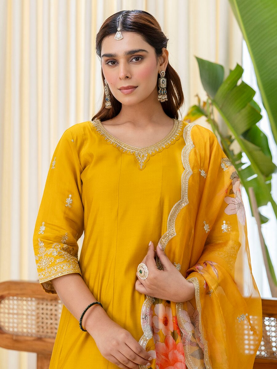 Mustard Silk Blend Embroidery Sequins Wedding Festival Casual Party Ready Pant Salwar Kameez