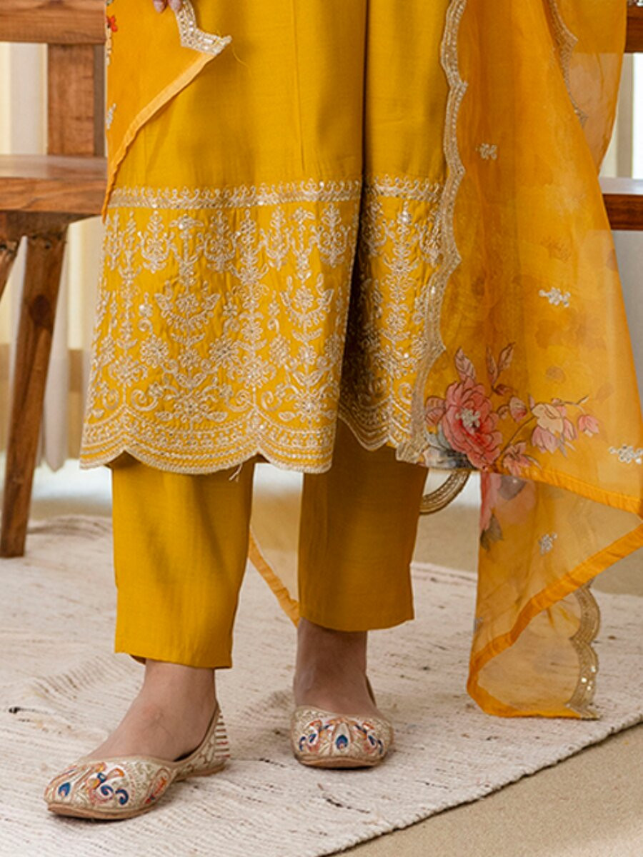 Mustard Silk Blend Embroidery Sequins Wedding Festival Casual Party Ready Pant Salwar Kameez