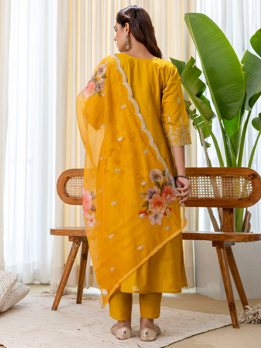 Mustard Silk Blend Embroidery Sequins Wedding Festival Casual Party Ready Pant Salwar Kameez
