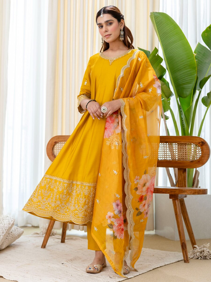 Mustard Silk Blend Embroidery Sequins Wedding Festival Casual Party Ready Pant Salwar Kameez