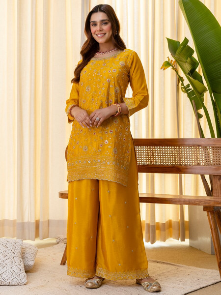 Mustard Silk Blend Embroidery Wedding Festival Party Haldi Ready Palazzo Pant Salwar Kameez
