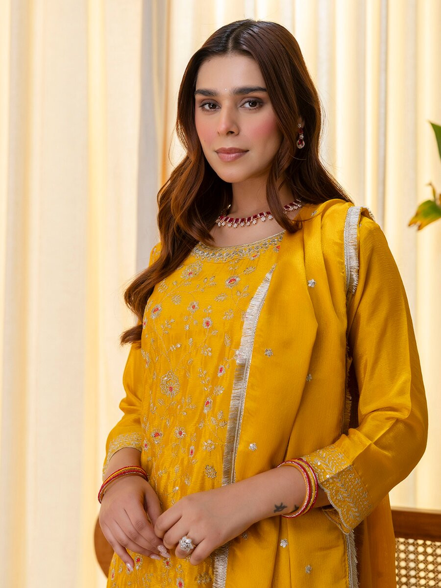 Mustard Silk Blend Embroidery Wedding Festival Party Haldi Ready Palazzo Pant Salwar Kameez