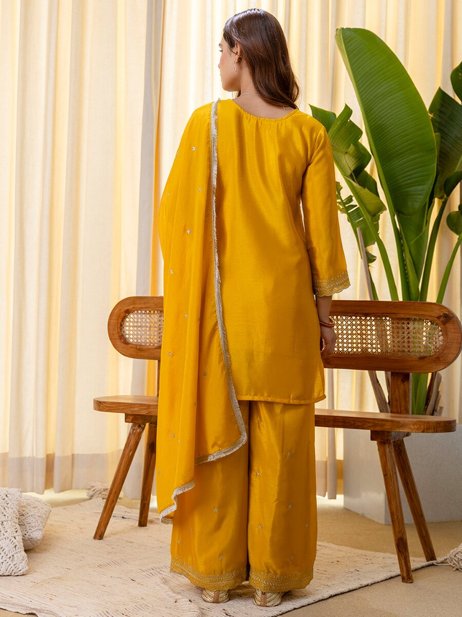 Mustard Silk Blend Embroidery Wedding Festival Party Haldi Ready Palazzo Pant Salwar Kameez