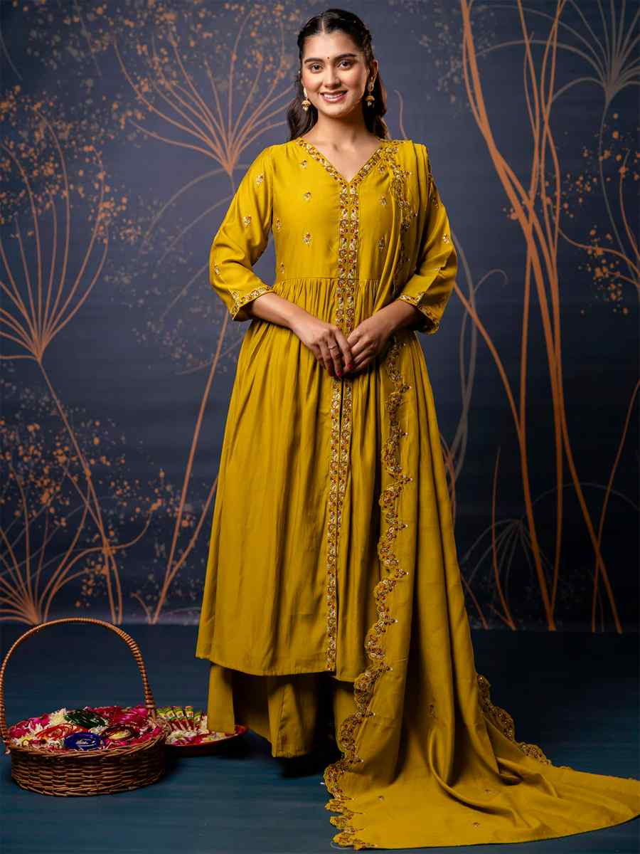 Mustard Silk BlendEmbroidered Casual Festival Ready Palazzo Pant Salwar Kameez