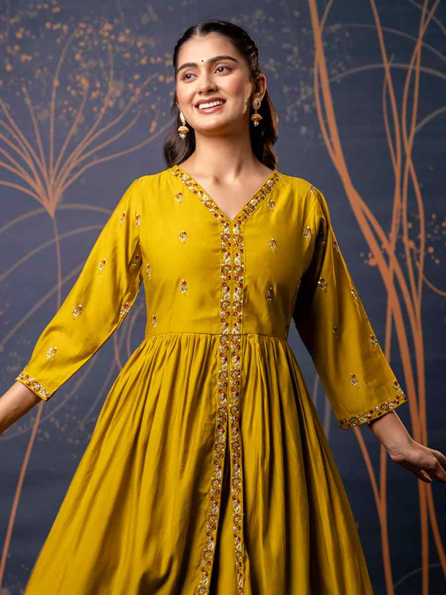 Mustard Silk BlendEmbroidered Casual Festival Ready Palazzo Pant Salwar Kameez
