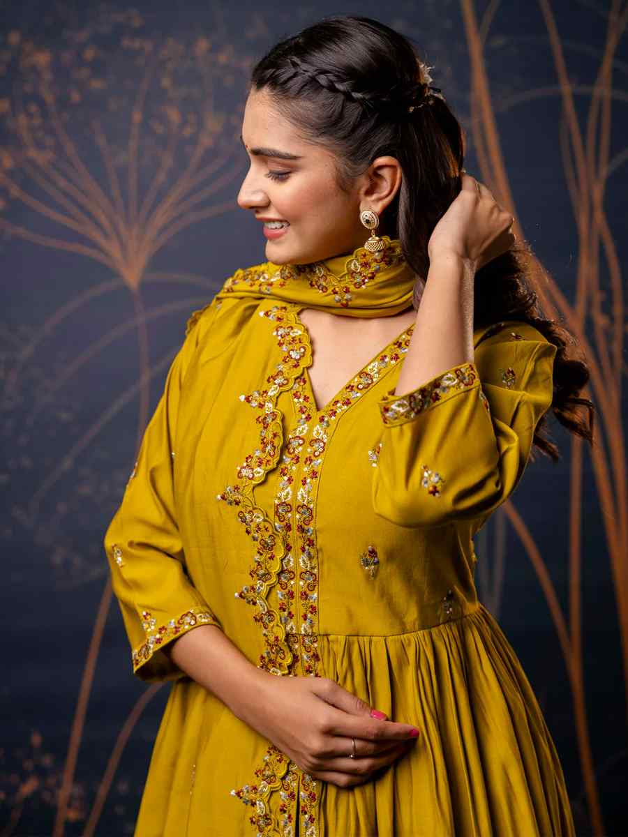 Mustard Silk BlendEmbroidered Casual Festival Ready Palazzo Pant Salwar Kameez