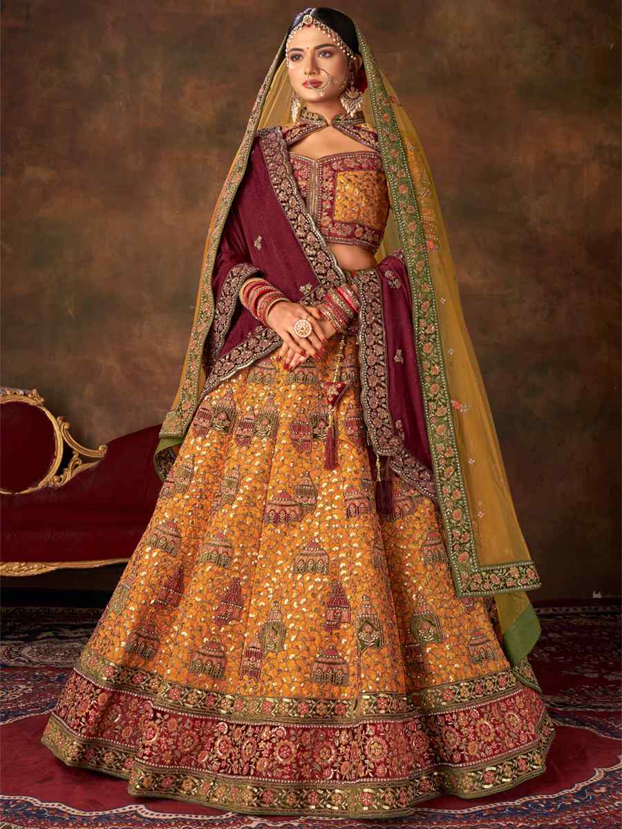 Mustard Silk Embroidered Bridal Reception Heavy Border Lehenga Choli