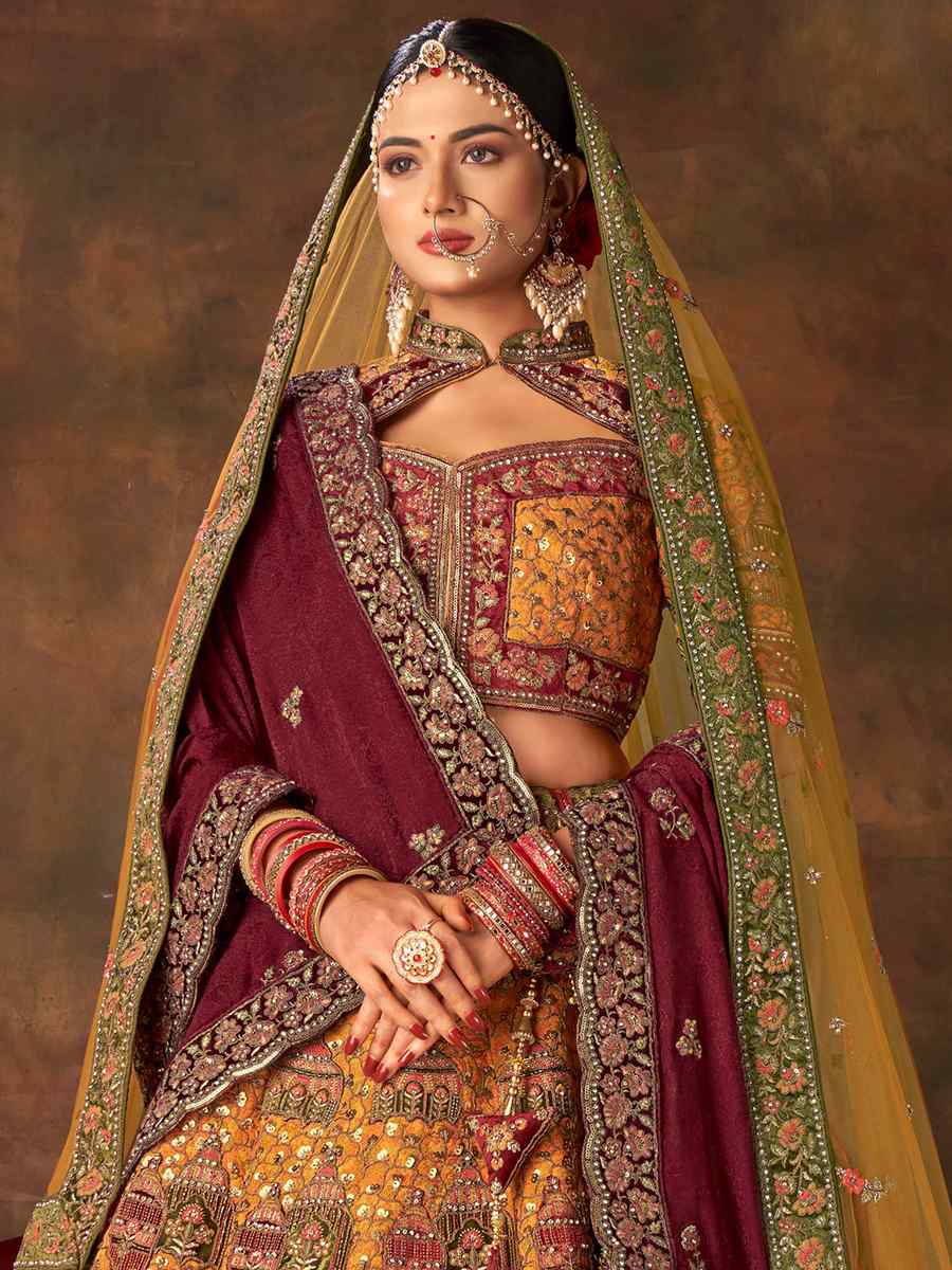 Mustard Silk Embroidered Bridal Reception Heavy Border Lehenga Choli