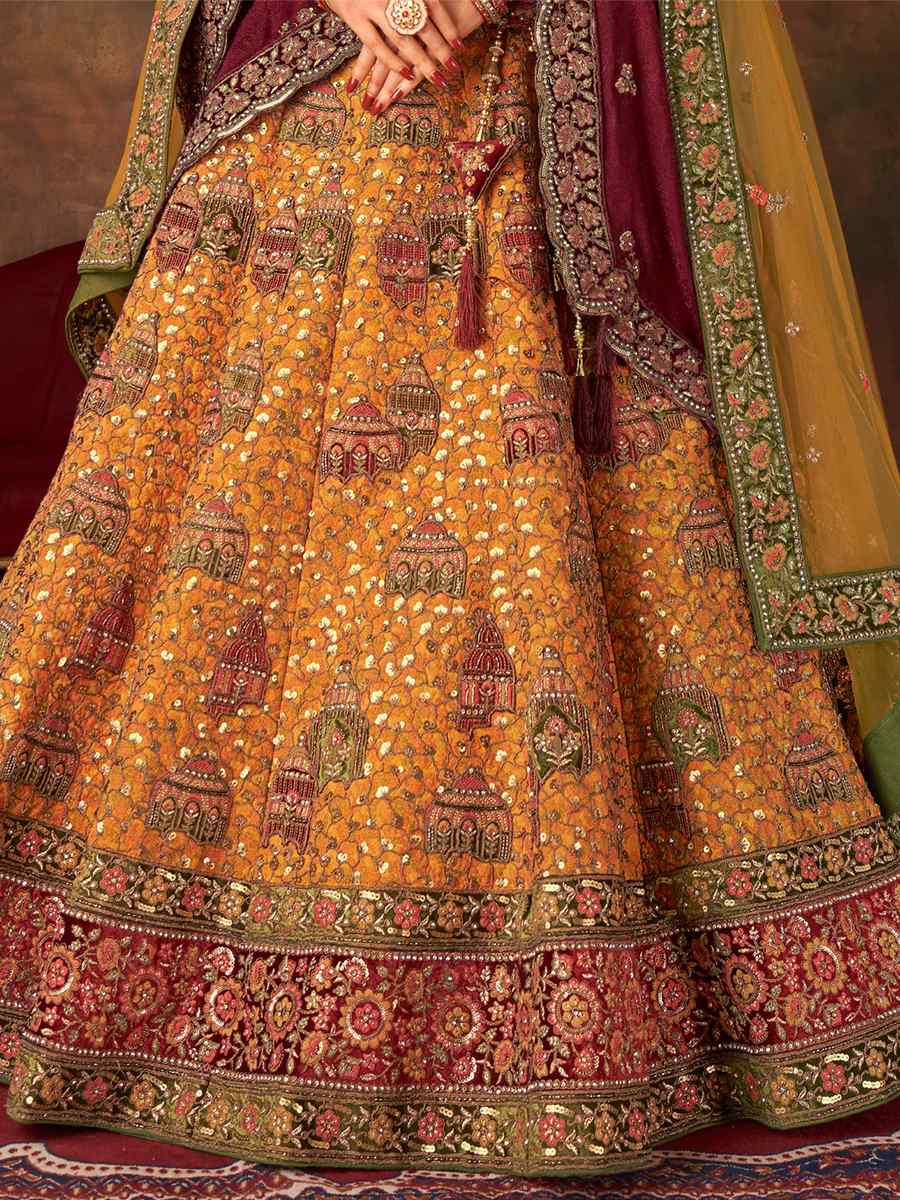 Mustard Silk Embroidered Bridal Reception Heavy Border Lehenga Choli