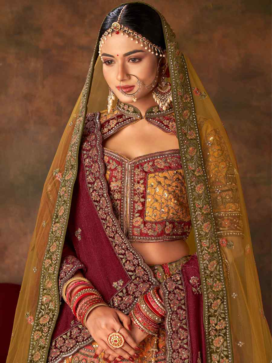 Mustard Silk Embroidered Bridal Reception Heavy Border Lehenga Choli