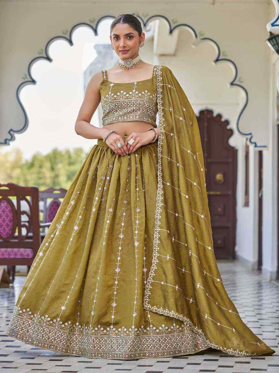 Mustard Silk Embroidered Bridesmaid Wedding Heavy Border Lehenga Choli