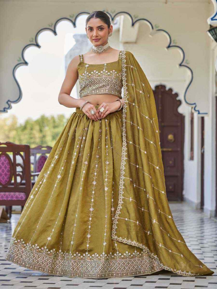 Mustard Silk Embroidered Bridesmaid Wedding Heavy Border Lehenga Choli