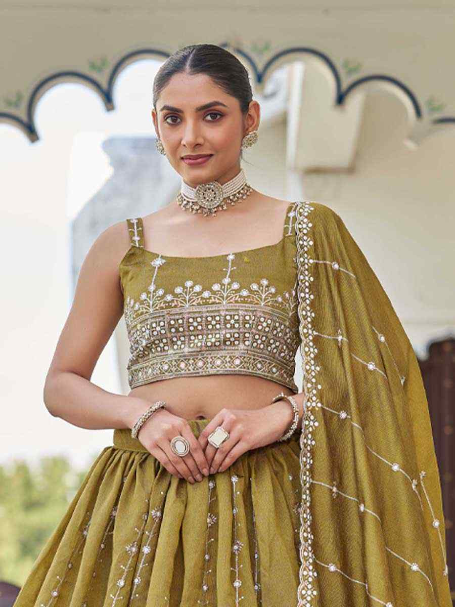 Mustard Silk Embroidered Bridesmaid Wedding Heavy Border Lehenga Choli