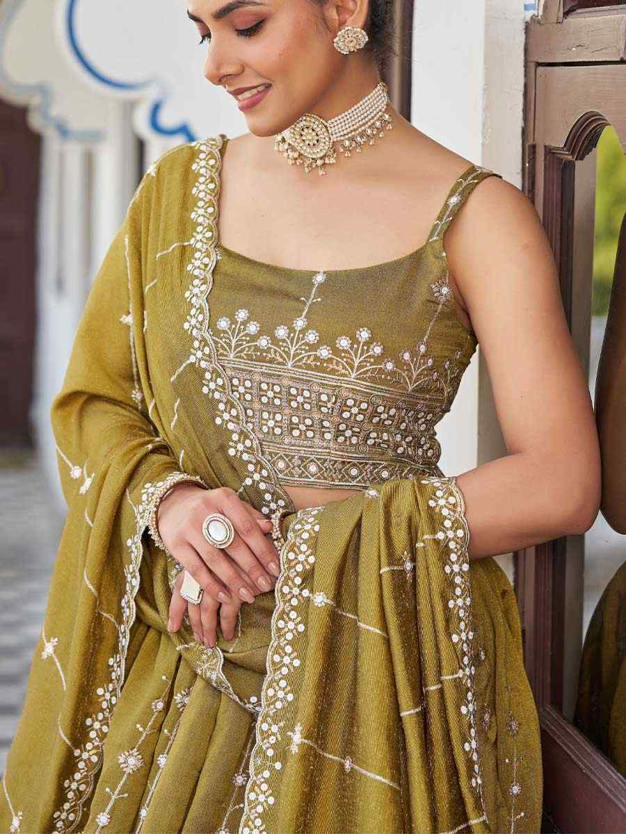 Mustard Silk Embroidered Bridesmaid Wedding Heavy Border Lehenga Choli