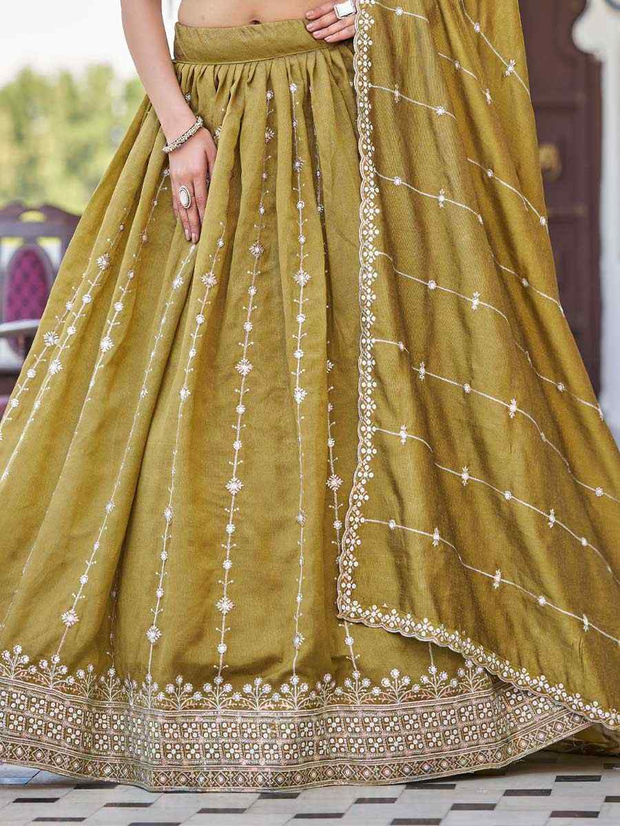 Mustard Silk Embroidered Bridesmaid Wedding Heavy Border Lehenga Choli