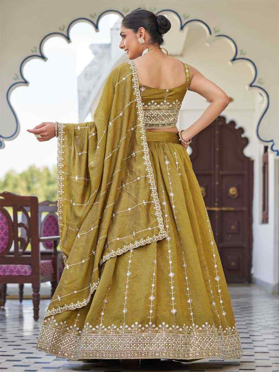 Mustard Silk Embroidered Bridesmaid Wedding Heavy Border Lehenga Choli