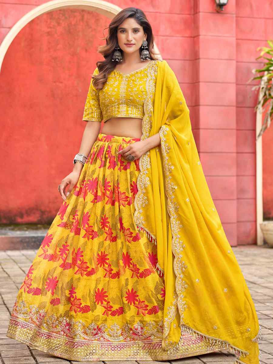Mustard Silk Embroidered Printed Wedding Reception Festival Heavy Border Lehenga Choli