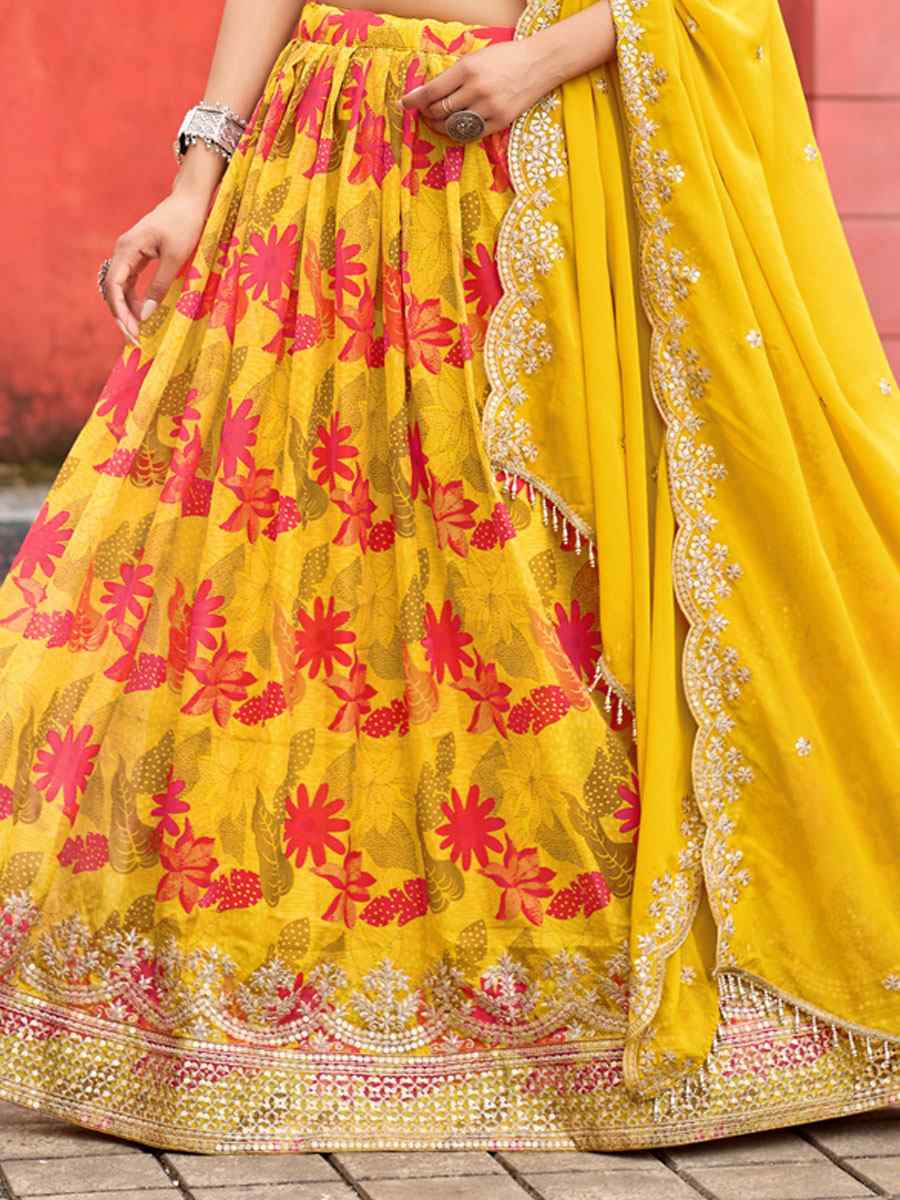 Mustard Silk Embroidered Printed Wedding Reception Festival Heavy Border Lehenga Choli