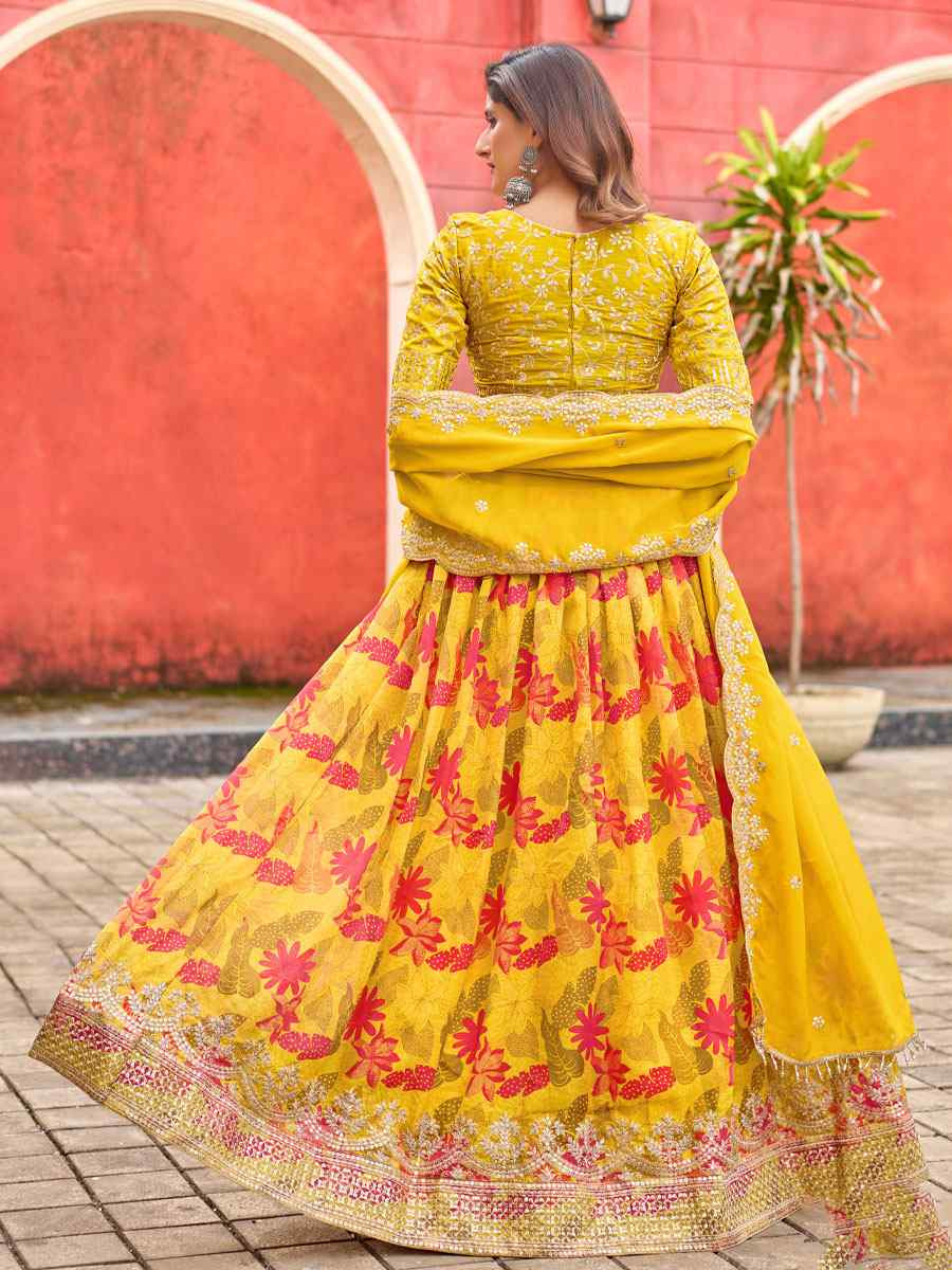 Mustard Silk Embroidered Printed Wedding Reception Festival Heavy Border Lehenga Choli