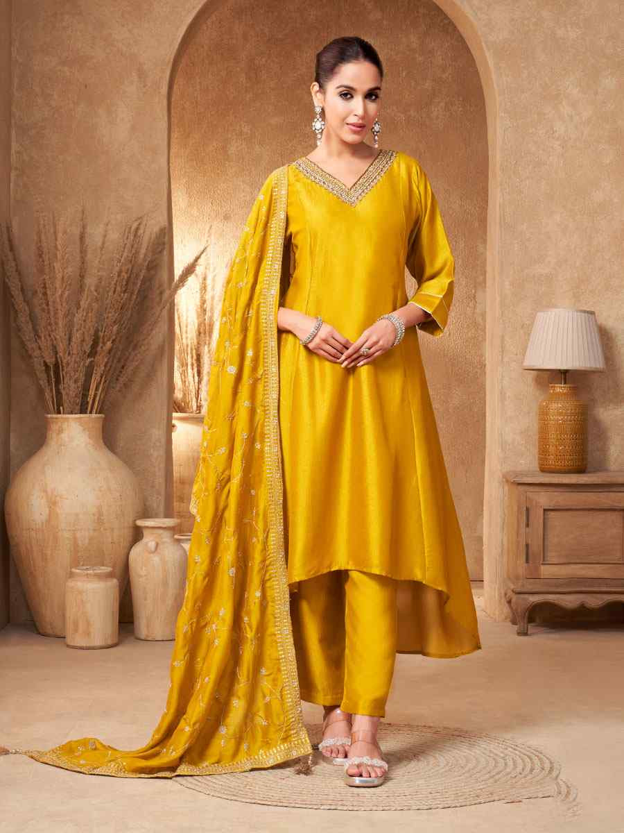 Mustard Silk Embroidery Party Wedding Festival Casual Ready Anarkali Salwar Kameez