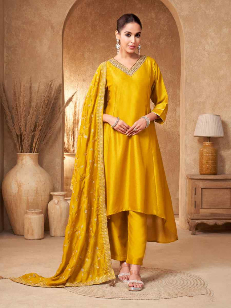 Image of Mustard Silk Embroidery Party Wedding Festival Casual Ready Anarkali Salwar Kameez