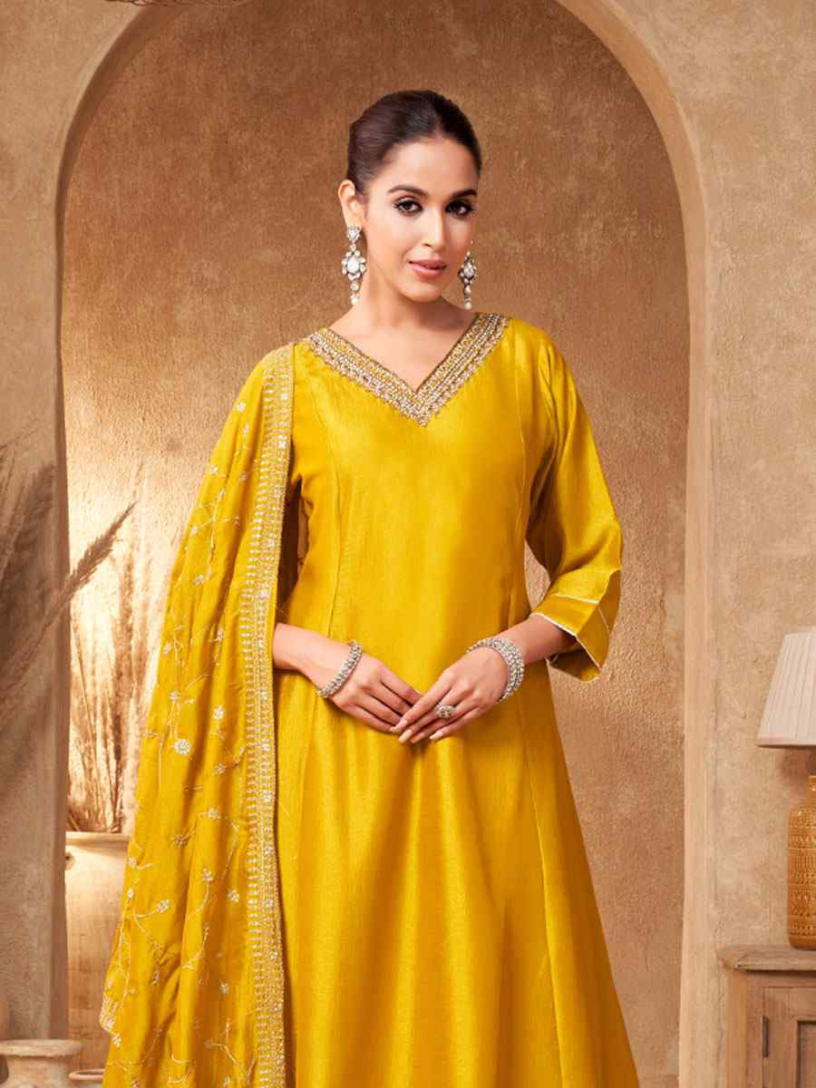 Mustard Silk Embroidery Party Wedding Festival Casual Ready Anarkali Salwar Kameez