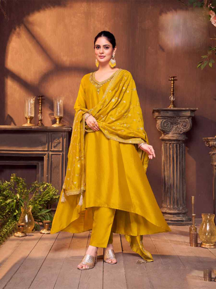 Image of Mustard Silk Embroidery Party Wedding Festival Casual Ready Anarkali Salwar Kameez