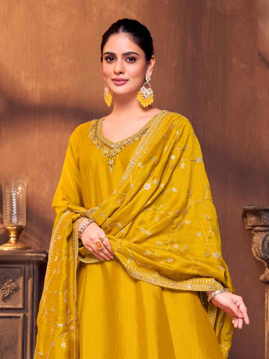 Mustard Silk Embroidery Party Wedding Festival Casual Ready Anarkali Salwar Kameez