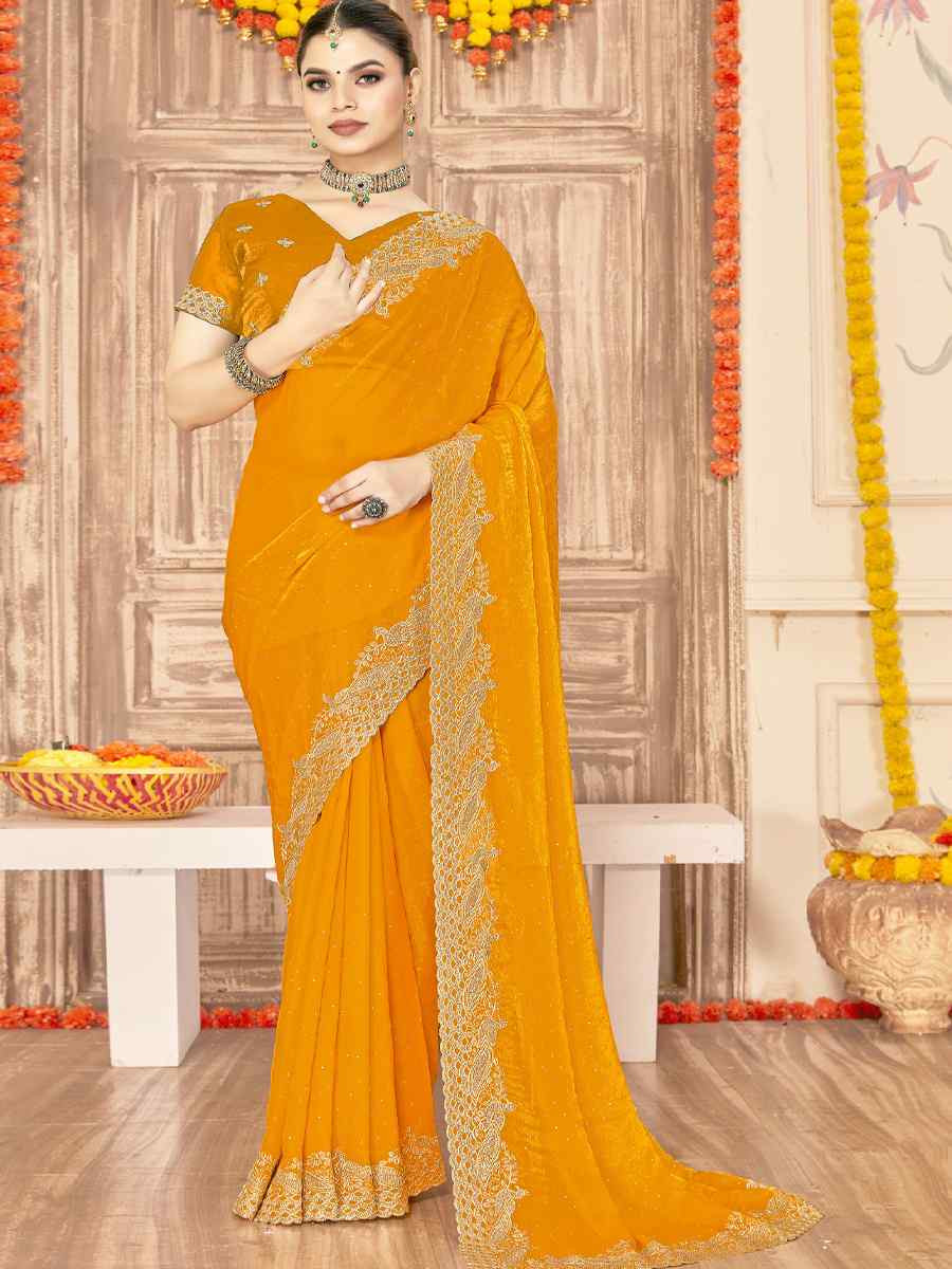 Mustard Silk Embroidery Traditional Bridal Reception Festival Wedding Fancy Heavy Border Saree