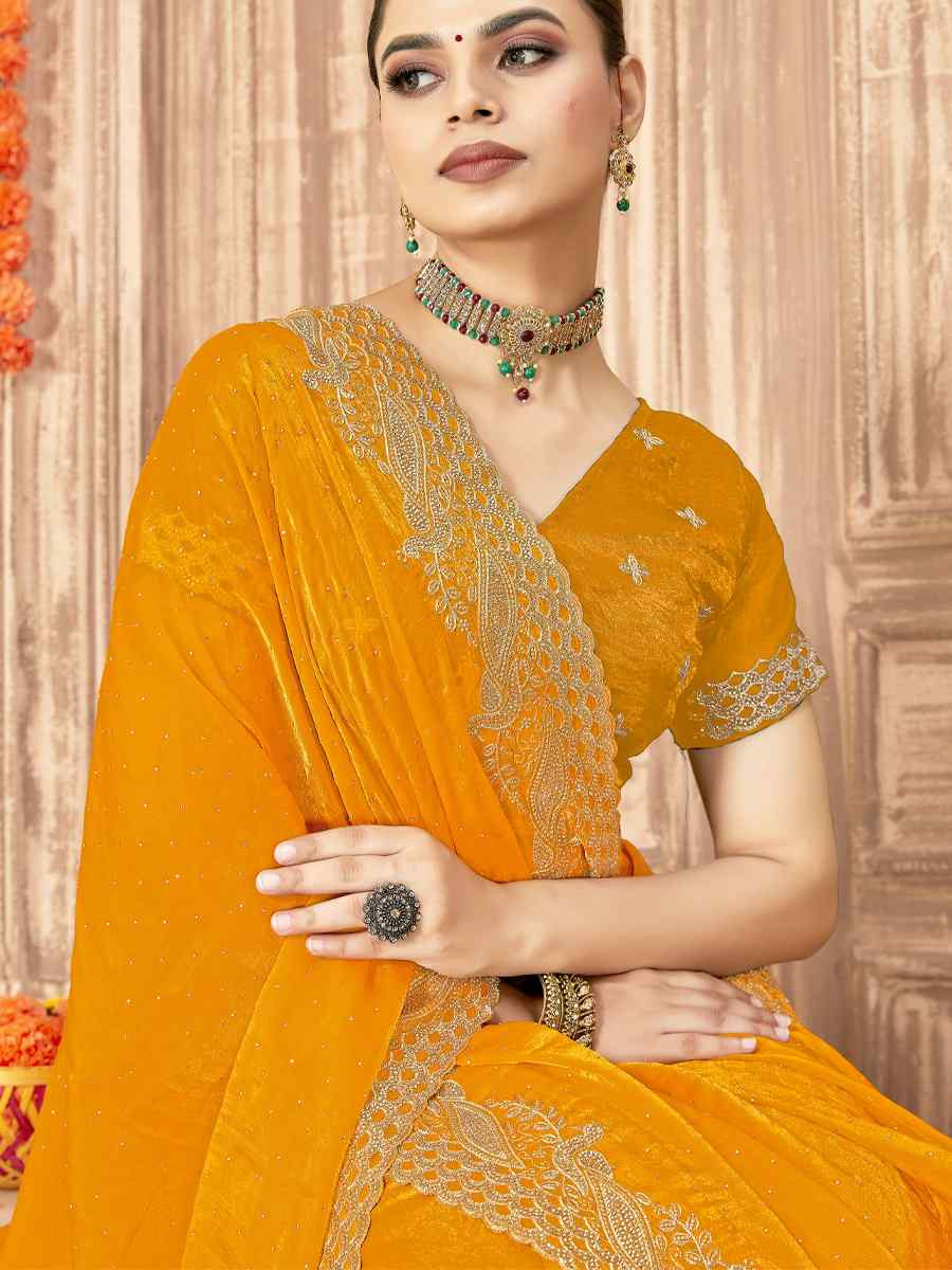 Mustard Silk Embroidery Traditional Bridal Reception Festival Wedding Fancy Heavy Border Saree