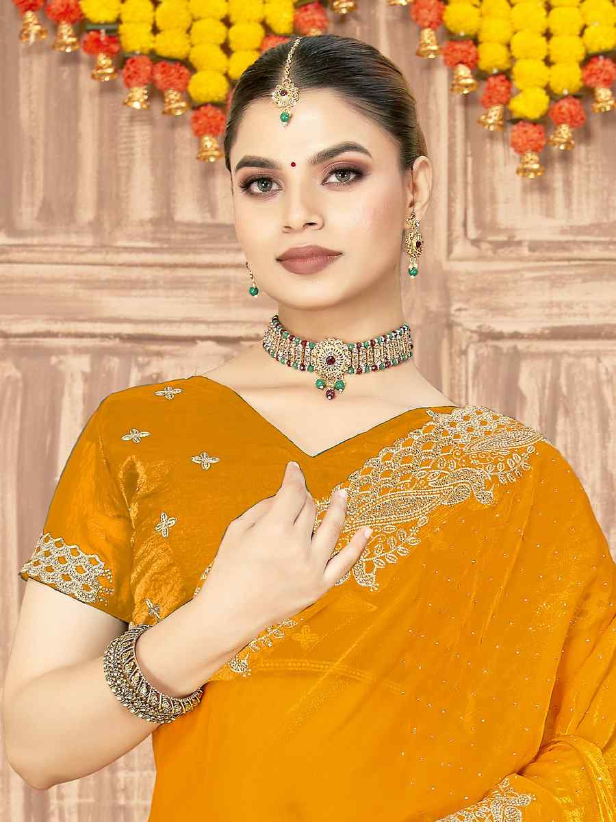 Mustard Silk Embroidery Traditional Bridal Reception Festival Wedding Fancy Heavy Border Saree