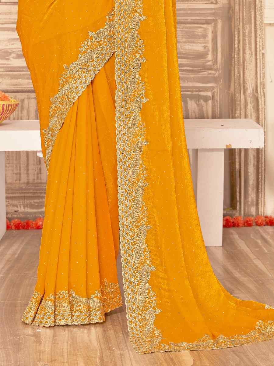 Mustard Silk Embroidery Traditional Bridal Reception Festival Wedding Fancy Heavy Border Saree