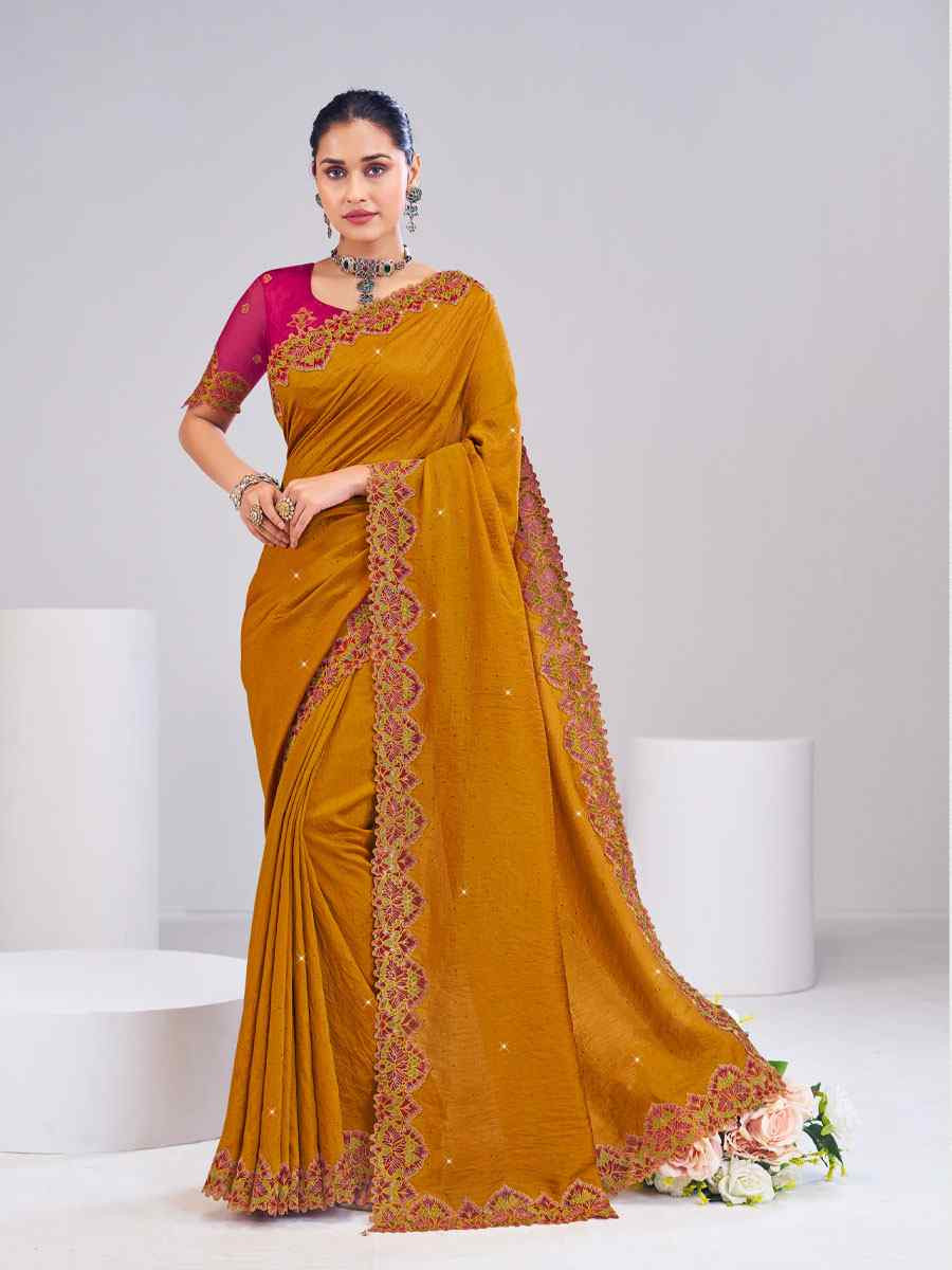 Mustard Silk Embroidery Traditional Bridal Reception Festival Wedding Fancy Heavy Border Saree