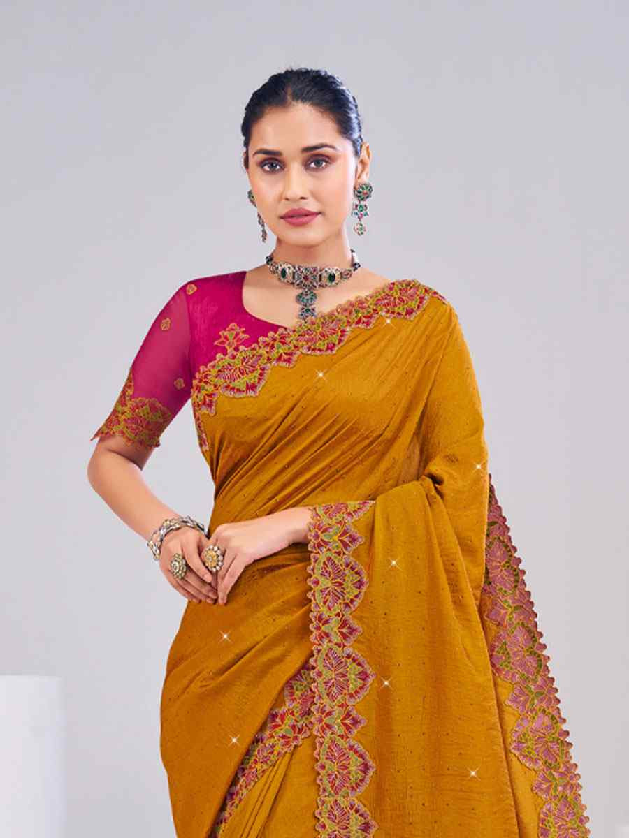 Mustard Silk Embroidery Traditional Bridal Reception Festival Wedding Fancy Heavy Border Saree