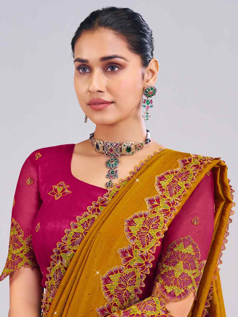 Mustard Silk Embroidery Traditional Bridal Reception Festival Wedding Fancy Heavy Border Saree