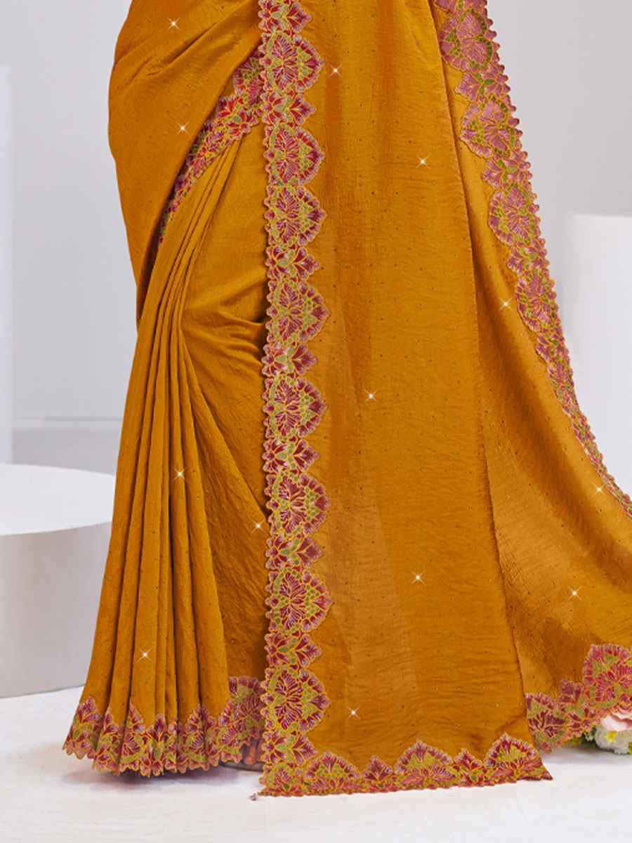 Mustard Silk Embroidery Traditional Bridal Reception Festival Wedding Fancy Heavy Border Saree