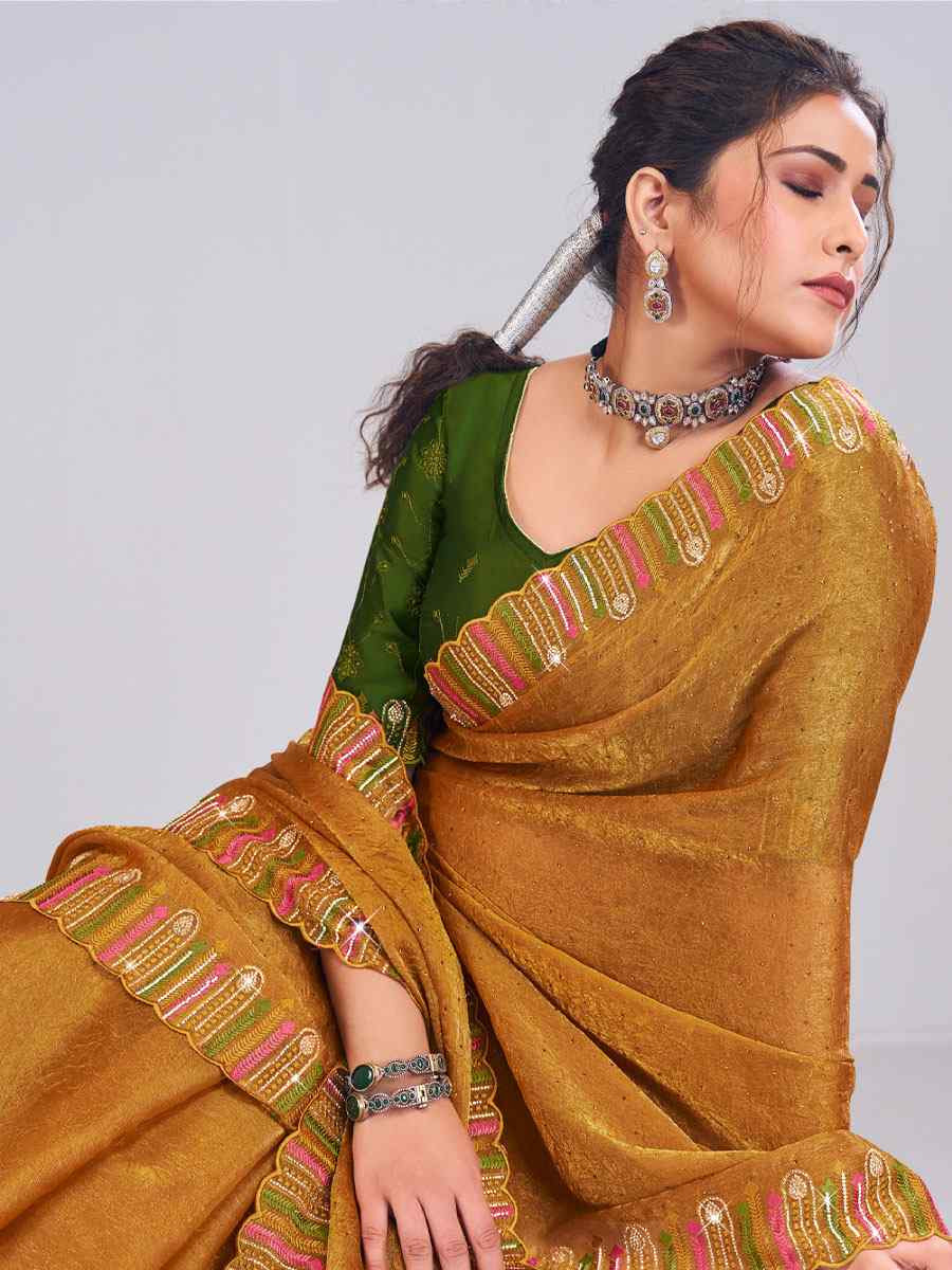 Mustard Silk Embroidery Traditional Bridal Reception Festival Wedding Fancy Heavy Border Saree
