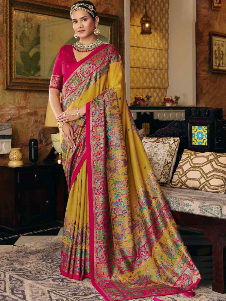 Image of Mustard Silk Handwoven Casual Reception Festival Wedding Fancy Heavy Border Saree