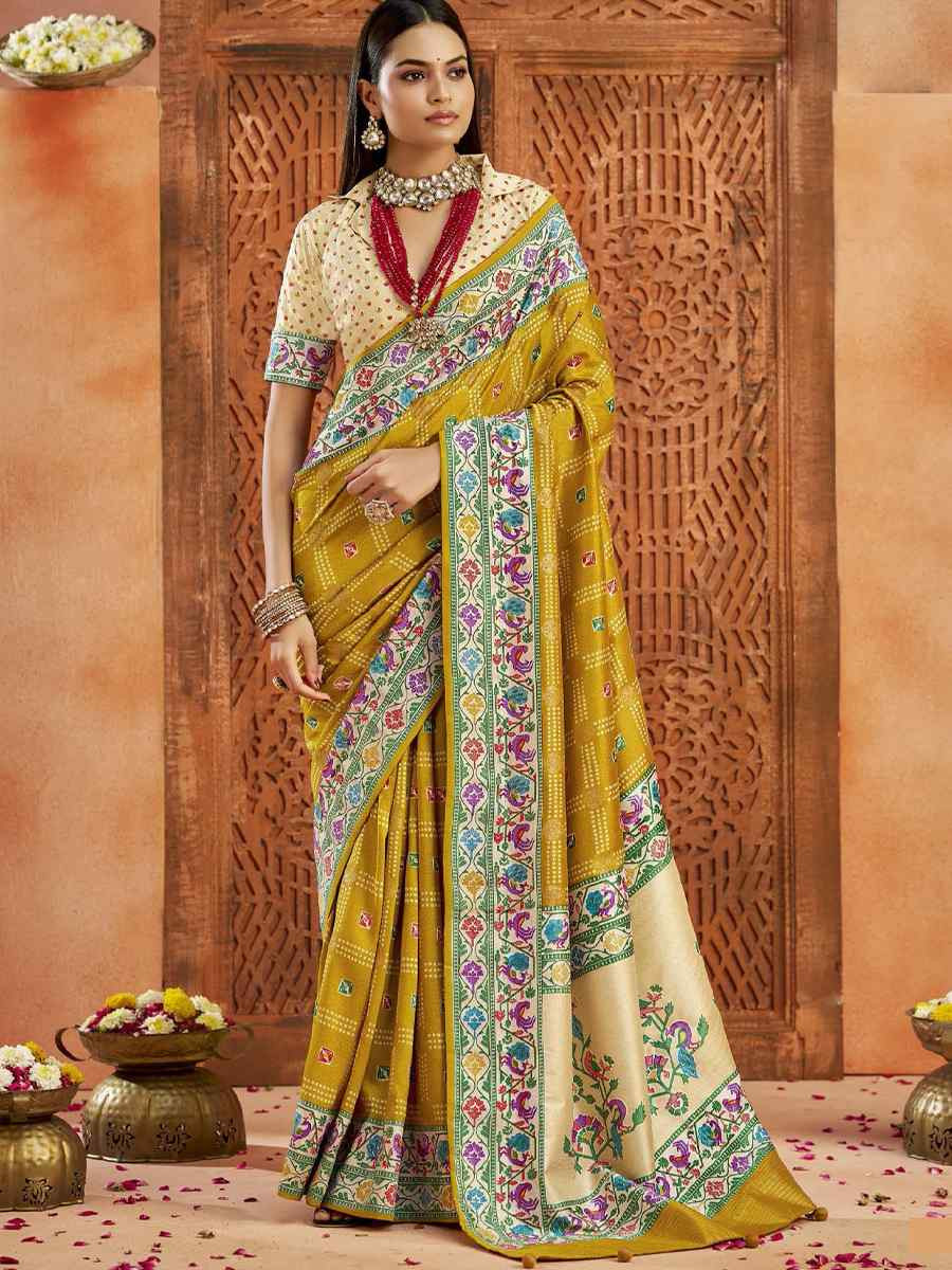 Mustard Silk Handwoven Festival Wedding Fancy Heavy Border Saree