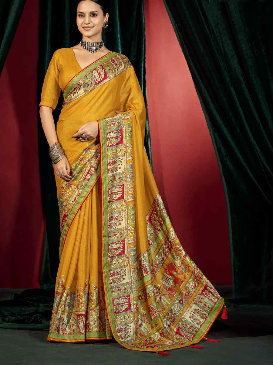 Mustard Silk Handwoven Traditional Bridal Reception Festival Wedding Fancy Heavy Border Saree