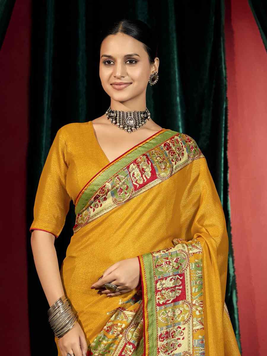Mustard Silk Handwoven Traditional Bridal Reception Festival Wedding Fancy Heavy Border Saree