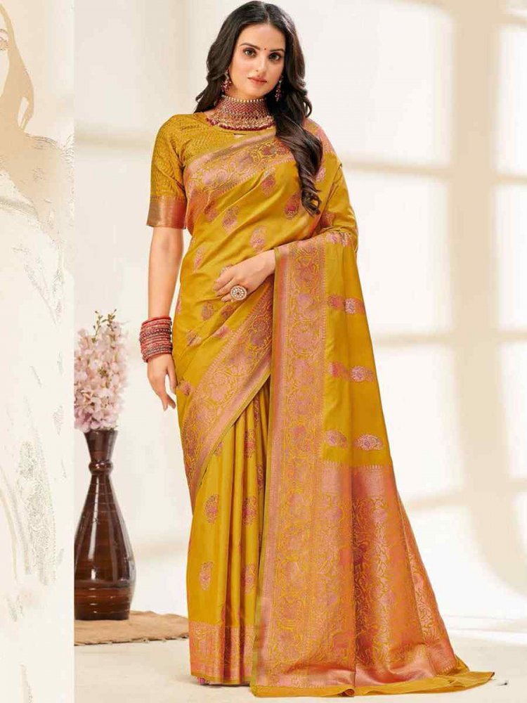 Mustard Silk Handwoven Wedding Festival Heavy Border Saree