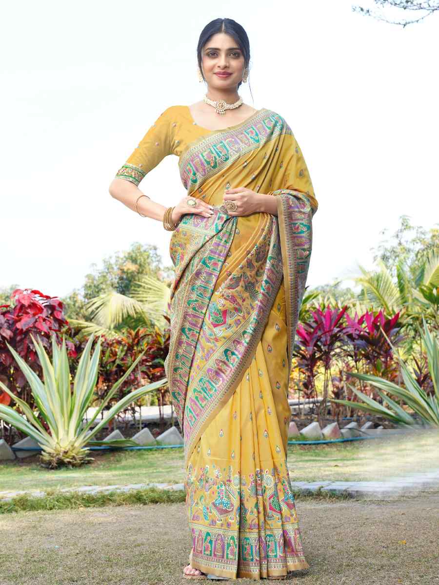 Mustard Silk Handwoven Wedding Festival Heavy Border Saree