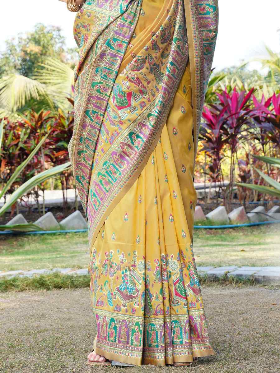 Mustard Silk Handwoven Wedding Festival Heavy Border Saree