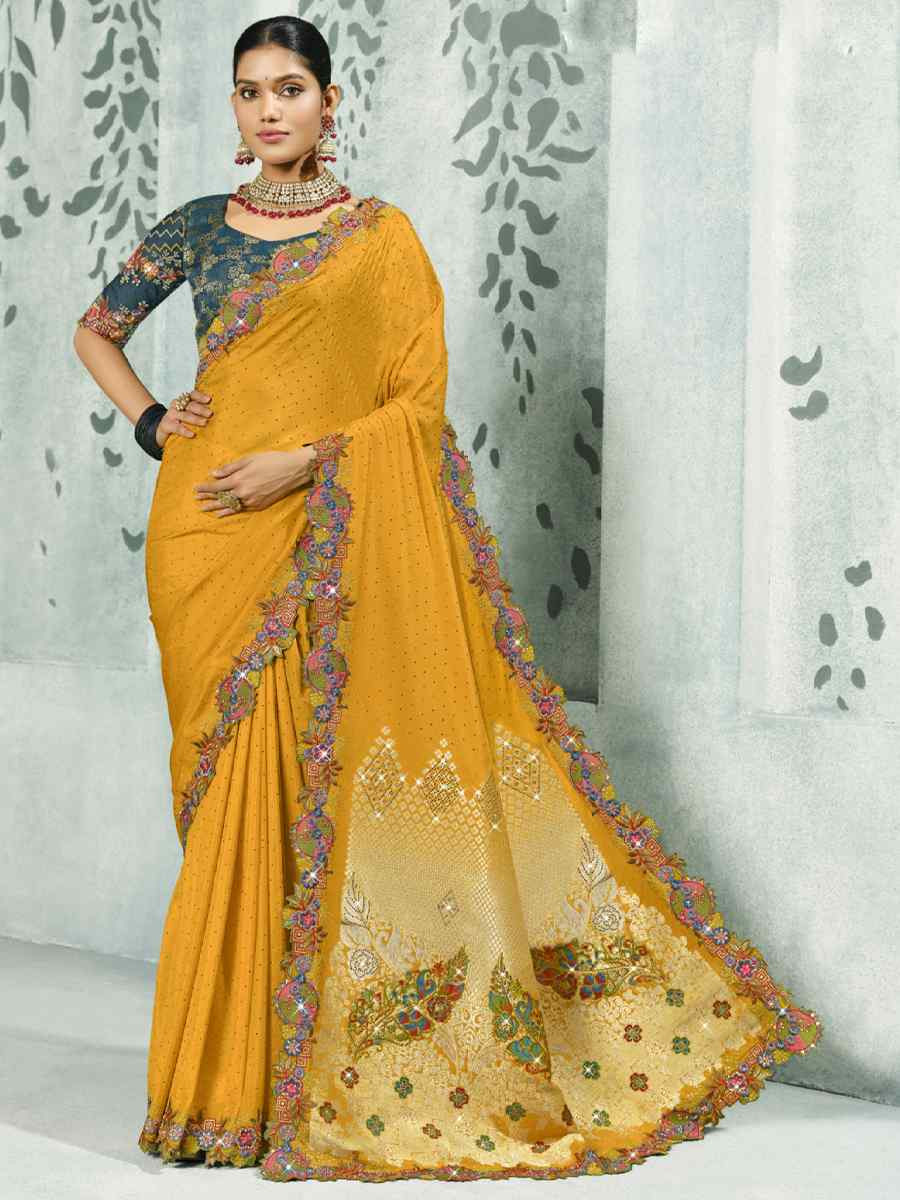 Mustard Silk Handwoven with Embroidery Bridal Reception Festival Wedding Fancy Heavy Border Saree