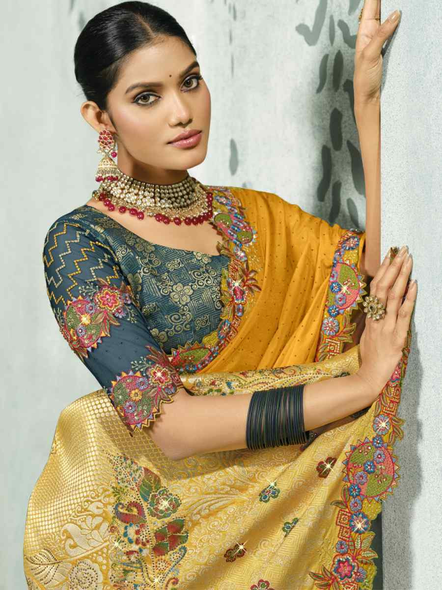 Mustard Silk Handwoven with Embroidery Bridal Reception Festival Wedding Fancy Heavy Border Saree