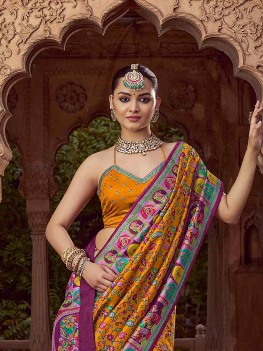 Mustard Silk Kalamkari Printed Festival Wedding Fancy Heavy Border Saree